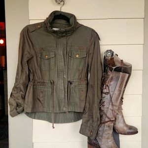 Army Jacket by Selby hood and pockets,military, Cargo, Safari Adjustable Waist S